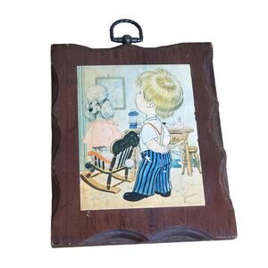 Jandro Lithograph Wood Wall Art 7" x 5.5" Vtg